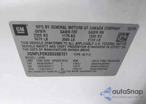 2016 Chevrolet Equinox Lt from USA, damaged, VIN 2GNFLFEK2G6206721